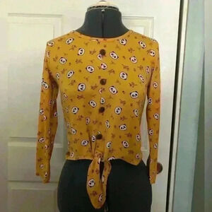 Panda print long sleeve yellow front tie crop top Small